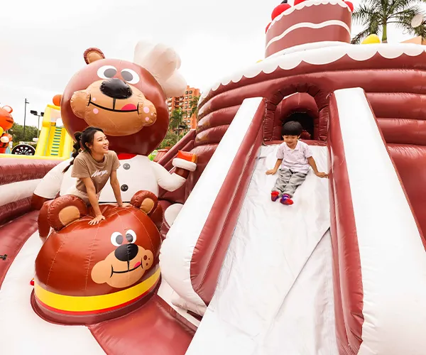 An aerial view of the Jumptopia inflatable park with various zones